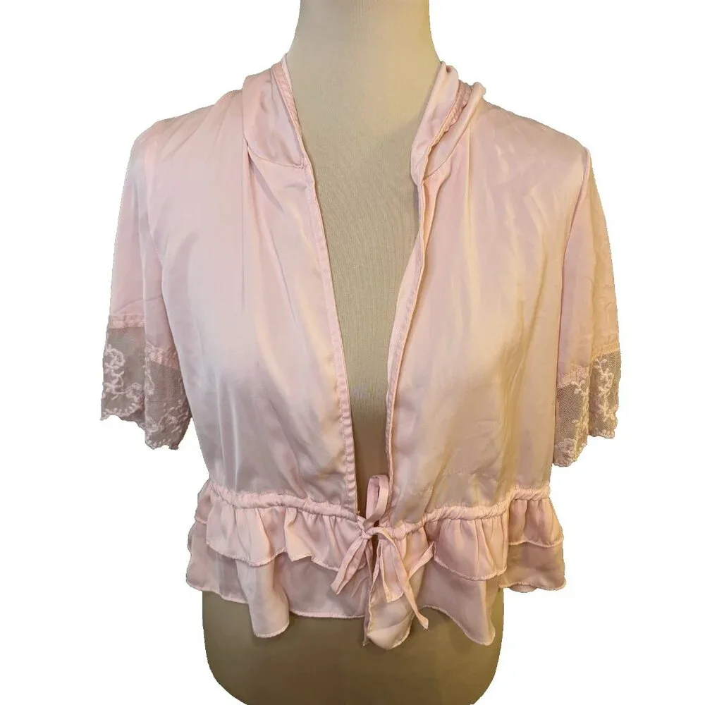 Tulle Vintage Inspired Pink Women's Sleep Blouse w/Lace Hooded Housecoat Size M - Picture 1 of 6